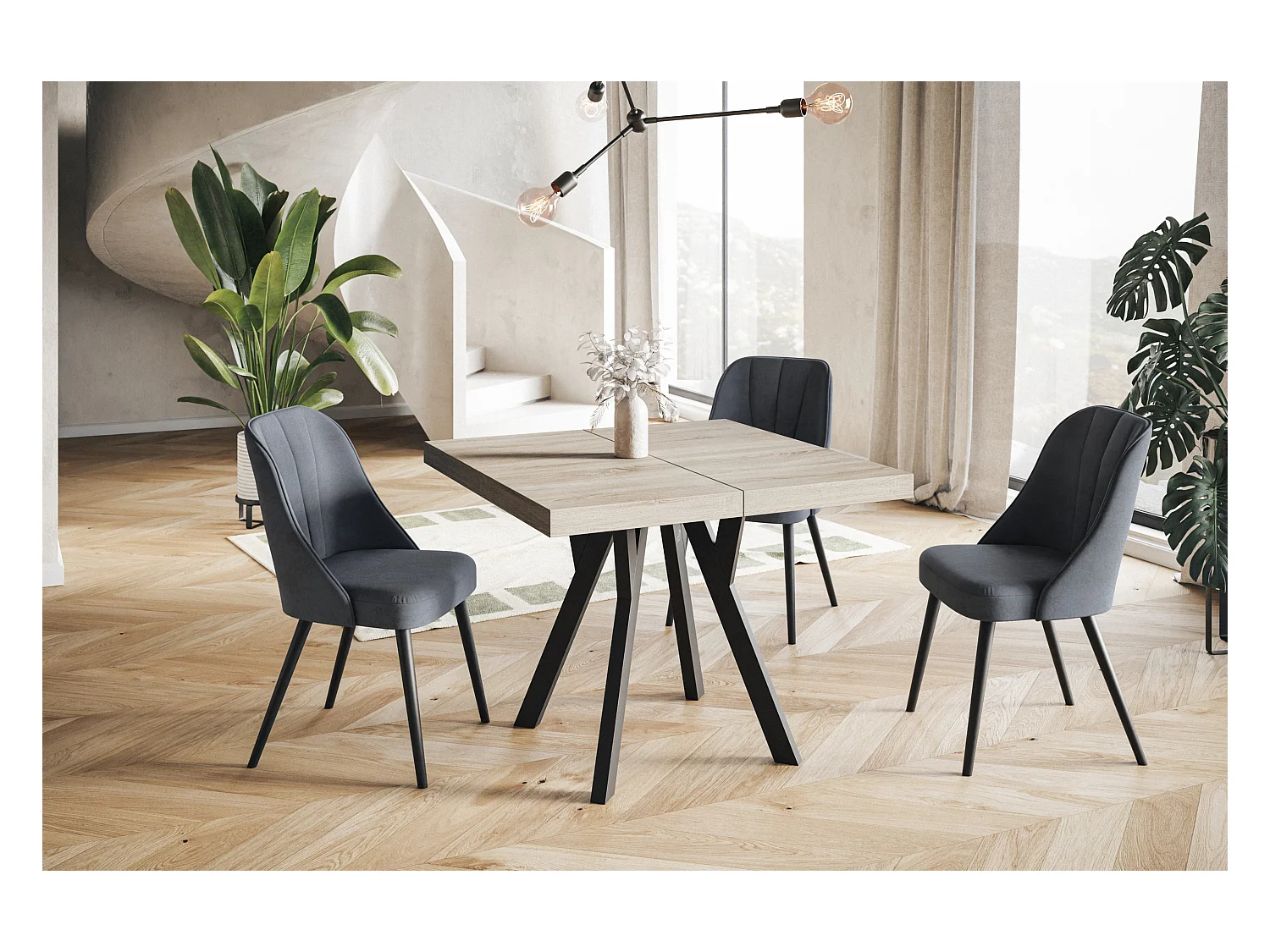 Table de salle à manger carrée RICO, table à rallonges, dimensions: 100-200X100X77 cm, couleur: SONOMA, avec pieds en bois de couleur noire