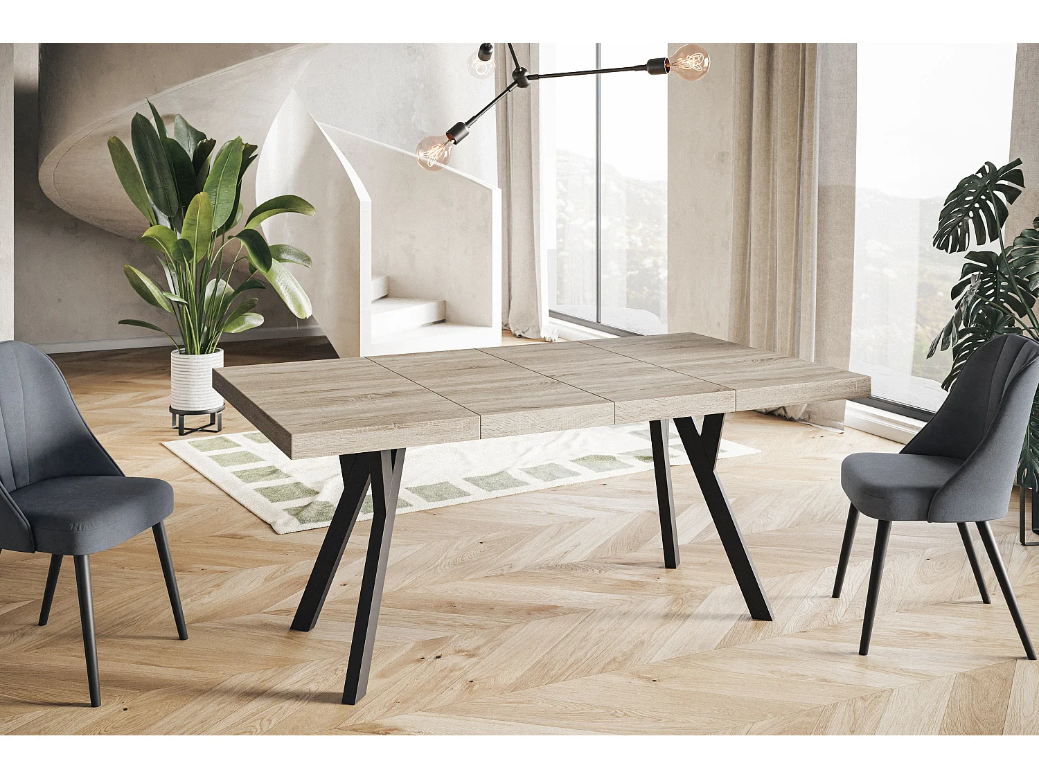 Table de salle à manger carrée RICO, table à rallonges, dimensions: 100-200X100X77 cm, couleur: SONOMA, avec pieds en bois de couleur noire