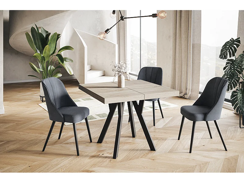 Table de salle à manger carrée RICO, table à rallonges, dimensions: 100-200X100X77 cm, couleur: SONOMA, avec pieds en bois de couleur noire