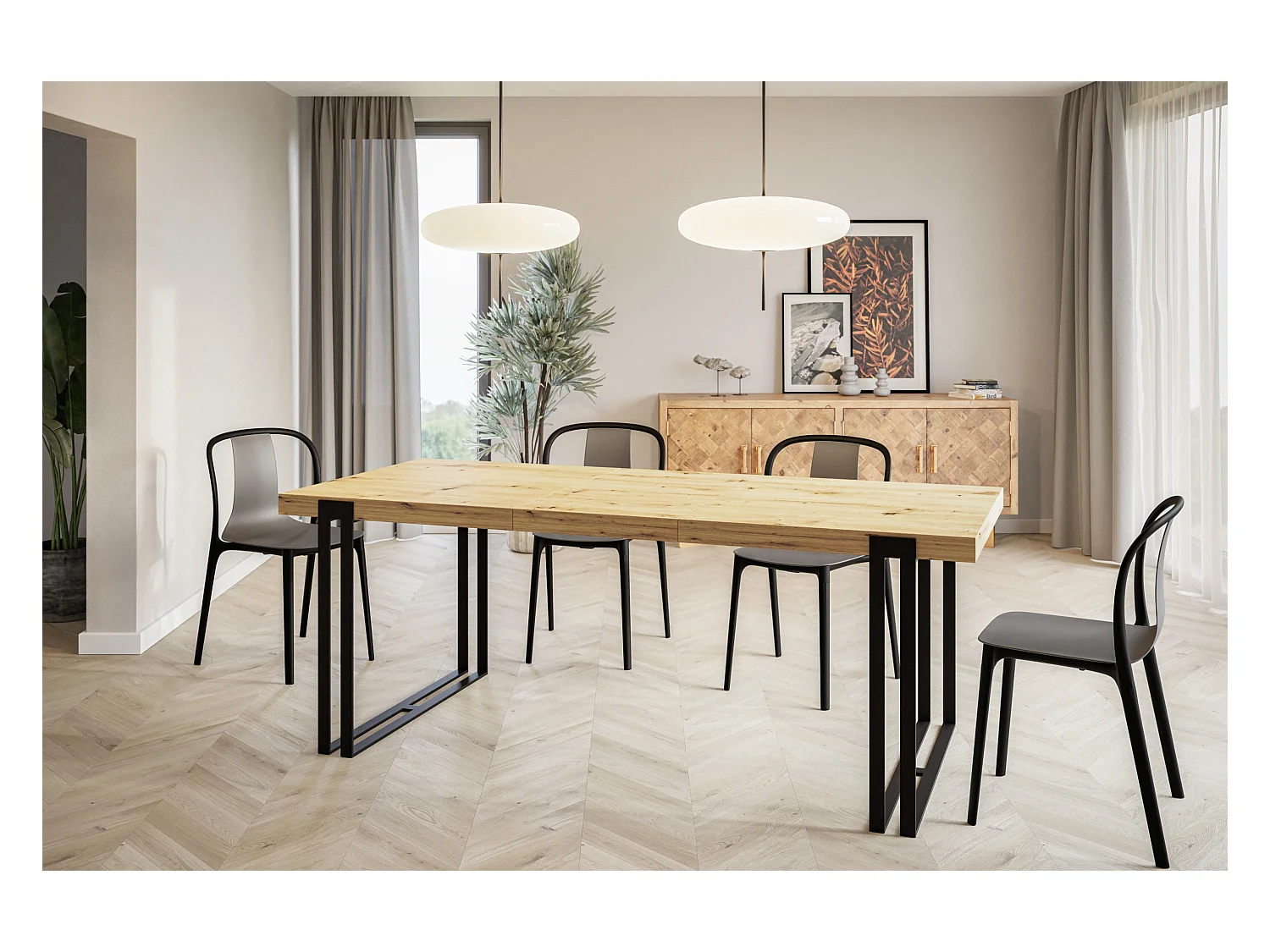 Table de salle à manger rectangulaire ROSA, table à rallonges, dimensions: 140-240X80X77 cm, couleur: ARTISAN, avec pieds métalliques couleur noir