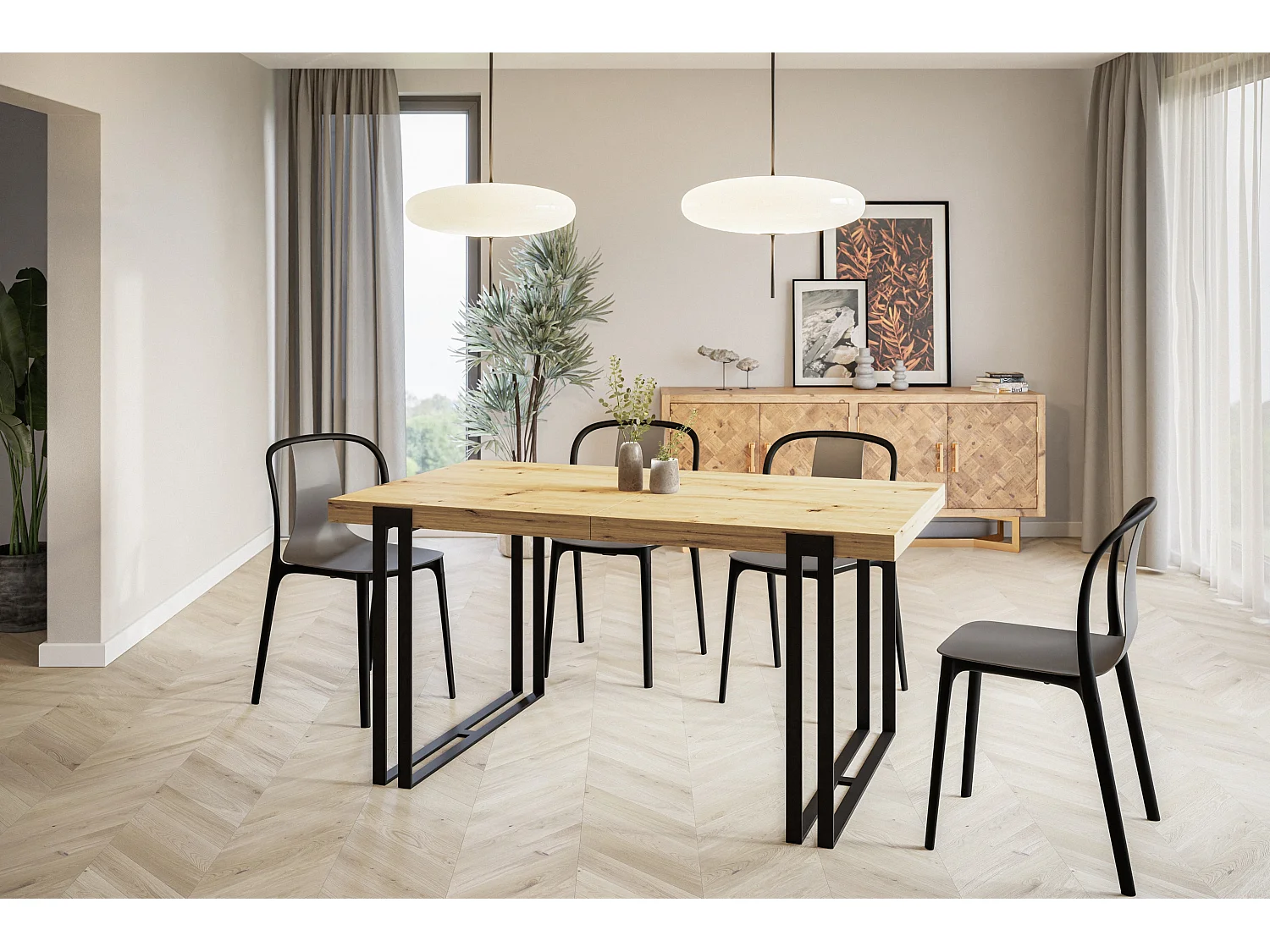 Table de salle à manger rectangulaire ROSA, table à rallonges, dimensions: 140-240X80X77 cm, couleur: ARTISAN, avec pieds métalliques couleur noir