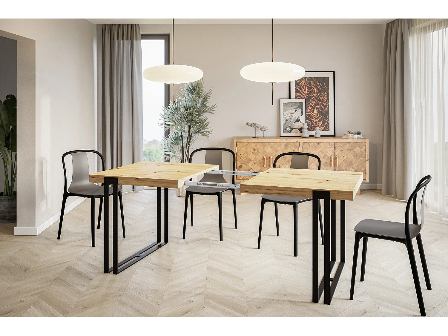 Table de salle à manger rectangulaire ROSA, table à rallonges, dimensions: 140-240X80X77 cm, couleur: ARTISAN, avec pieds métalliques couleur noir