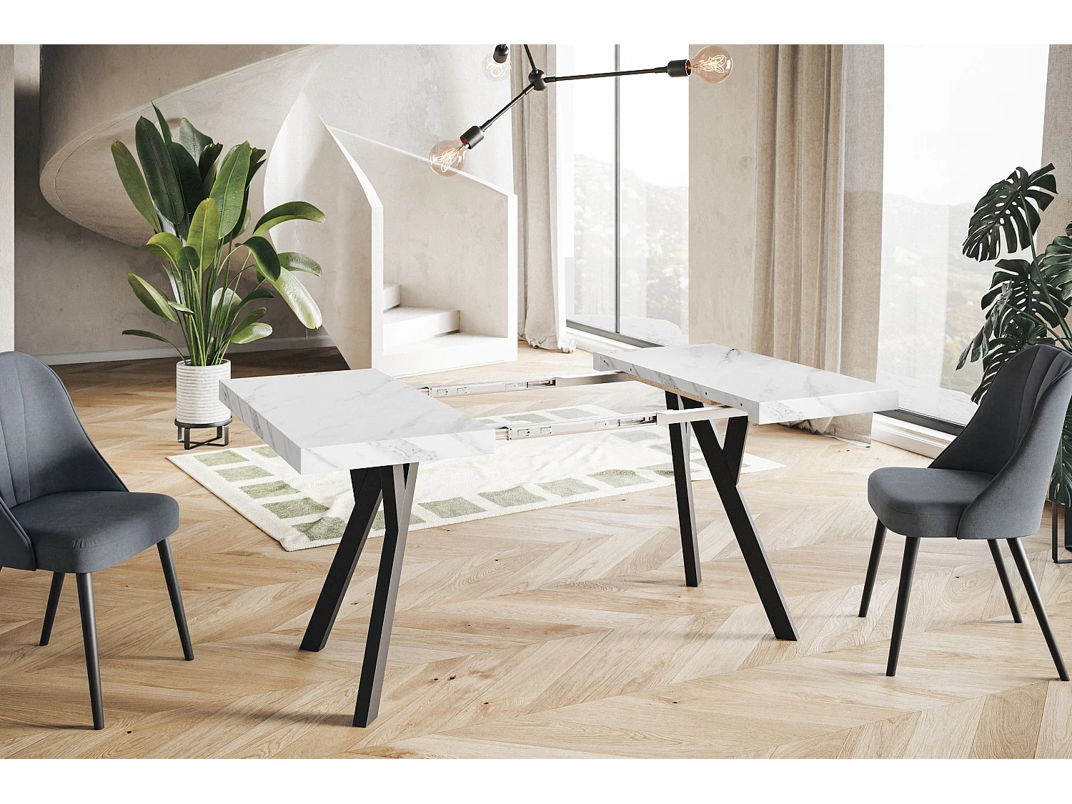 Table de salle à manger carrée RICO, table à rallonges, dimensions: 110-210X110X77 cm, couleur: MARMUR, avec pieds en bois de couleur noire