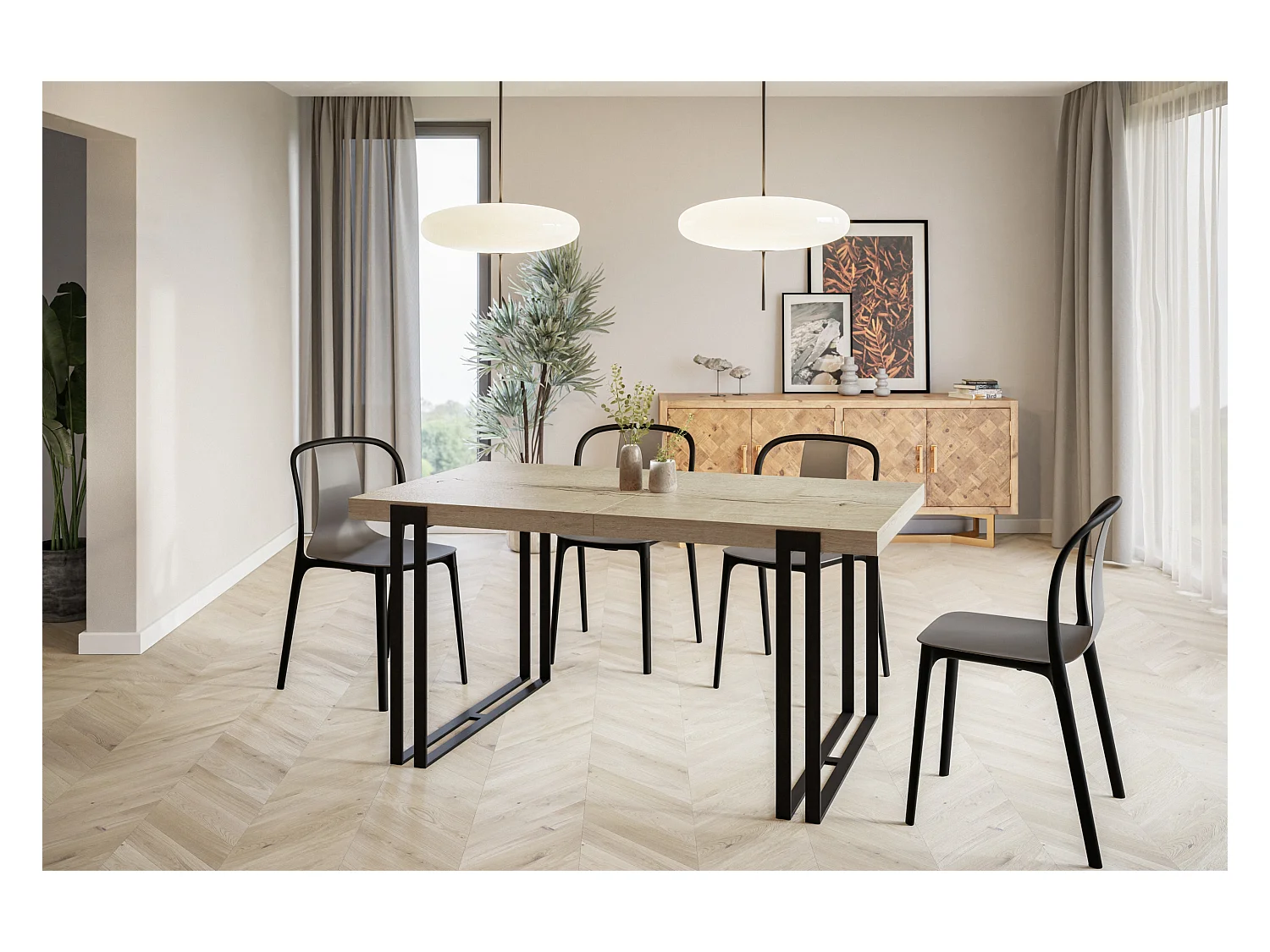 Table de salle à manger rectangulaire ROSA, table à rallonges, dimensions: 160-260X90X77 cm,couleur: HALIFAX, avec pieds métalliques de couleur noire