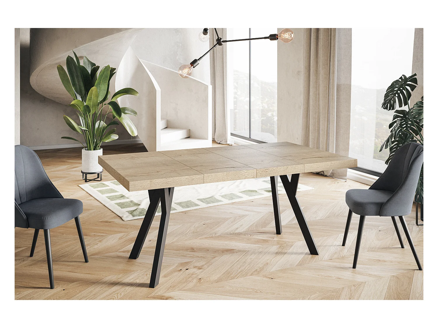 Table de salle à manger carrée RICO, table à rallonges, dimensions: 120-220X120X77 cm, couleur: HALIFAX, avec pieds en bois de couleur noire