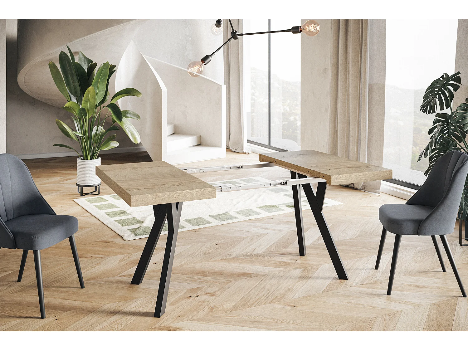 Table de salle à manger carrée RICO, table à rallonges, dimensions: 120-220X120X77 cm, couleur: HALIFAX, avec pieds en bois de couleur noire