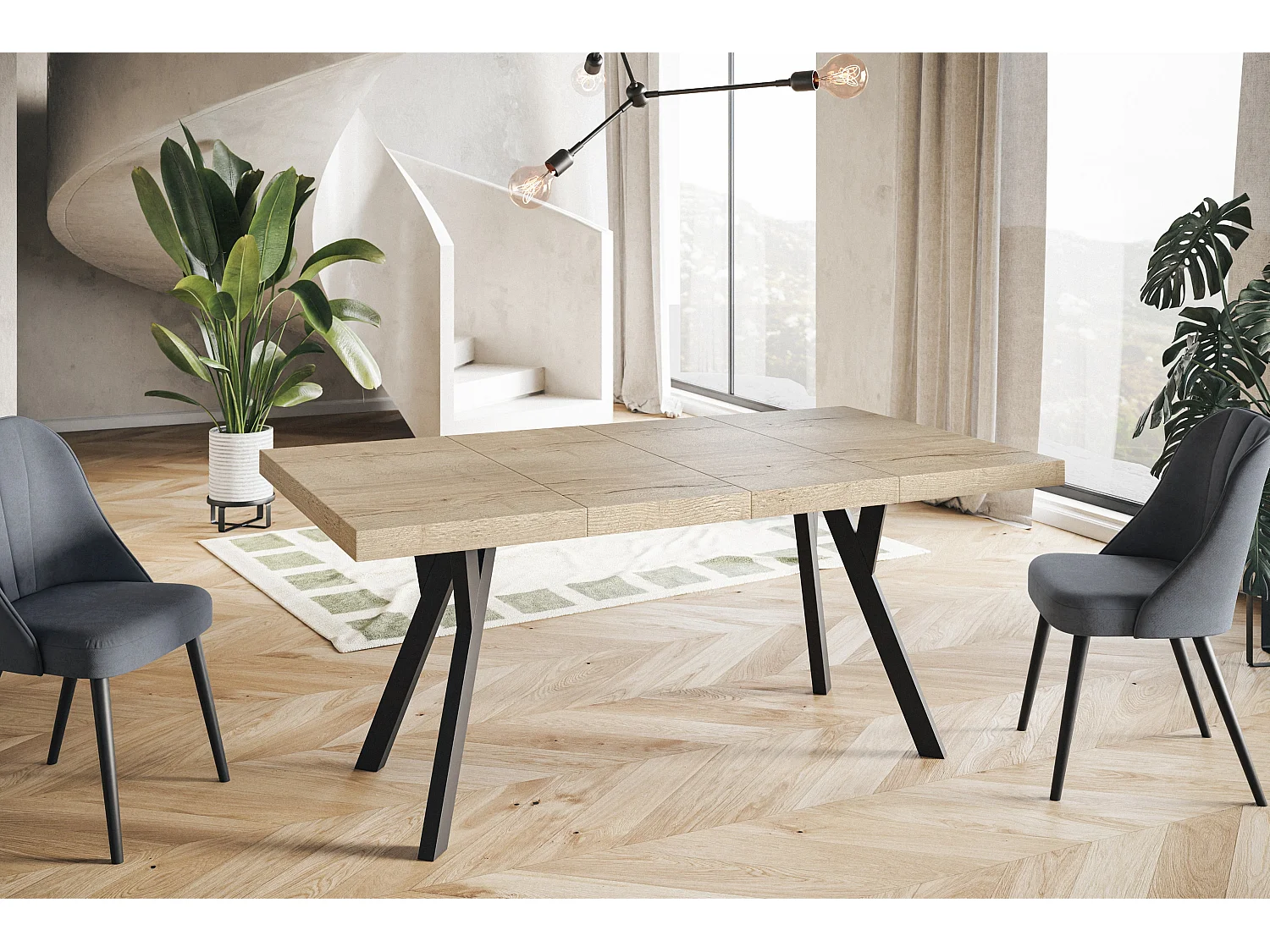 Table de salle à manger carrée RICO, table à rallonges, dimensions: 120-220X120X77 cm, couleur: HALIFAX, avec pieds en bois de couleur noire