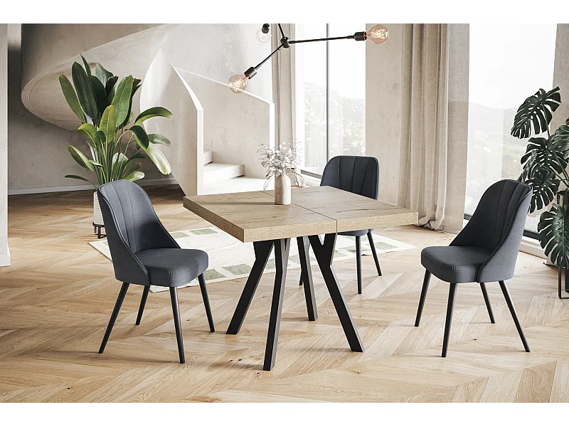 Table de salle à manger carrée RICO, table à rallonges, dimensions: 120-220X120X77 cm, couleur: HALIFAX, avec pieds en bois de couleur noire