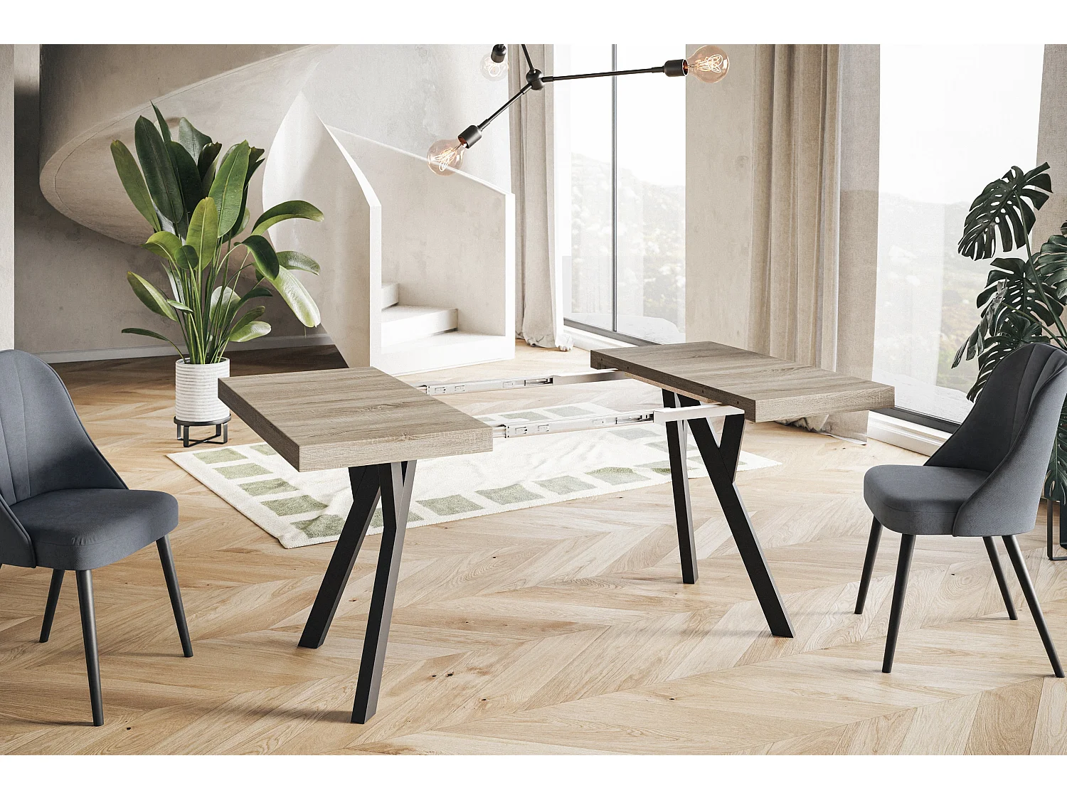 Table de salle à manger carrée RICO, table à rallonges, dimensions: 120-220X120X77 cm, couleur: SONOMA, avec pieds en bois de couleur noire