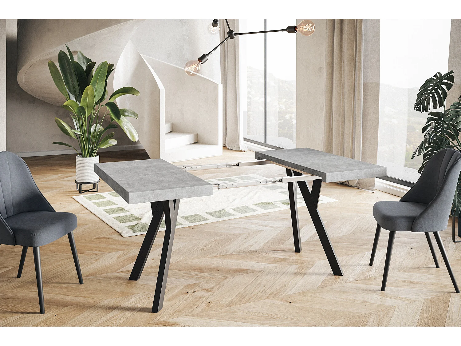 Table de salle à manger carrée RICO, table à rallonges, dimensions: 120-220X120X77 cm, couleur: graphite, avec pieds en bois de couleur noire