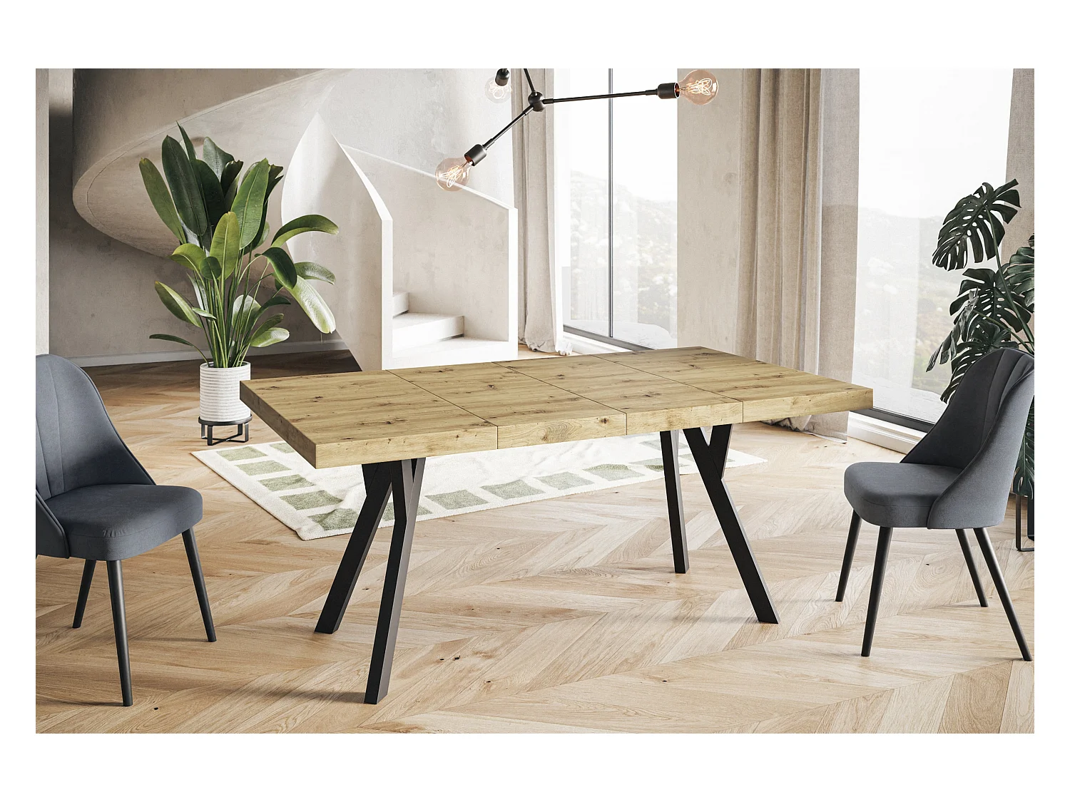 Table de salle à manger carrée RICO, table à rallonges, dimensions: 100-200X100X77 cm, couleur: ARTISAN, avec pieds en bois de couleur noire