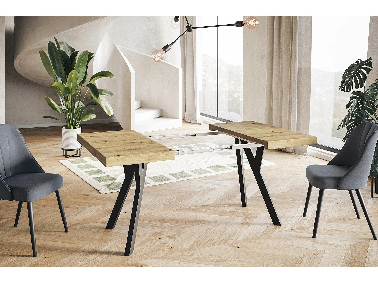 Table de salle à manger carrée RICO, table à rallonges, dimensions: 100-200X100X77 cm, couleur: ARTISAN, avec pieds en bois de couleur noire