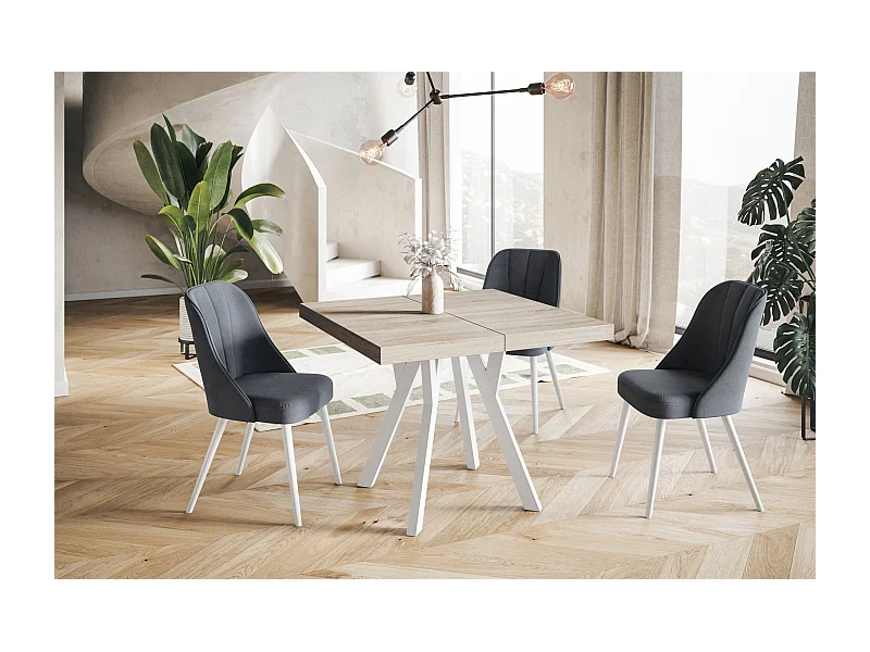 Table de salle à manger carrée RICO, table à rallonges, dimensions: 110-210X110X77 cm, couleur: SONOMA, avec pieds en bois de couleur blanche