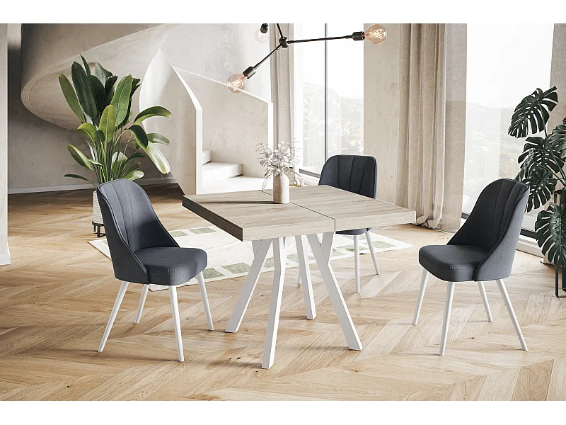 Table de salle à manger carrée RICO, table à rallonges, dimensions: 110-210X110X77 cm, couleur: SONOMA, avec pieds en bois de couleur blanche