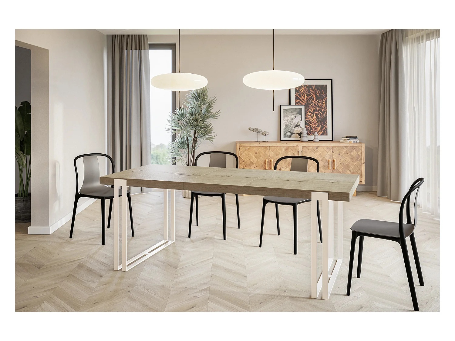 Table de salle à manger rectangulaire ROSA, table à rallonges, dimensions: 140-240X80X77 cm,couleur: HALIFAX, avec pieds métalliques de couleur blanche