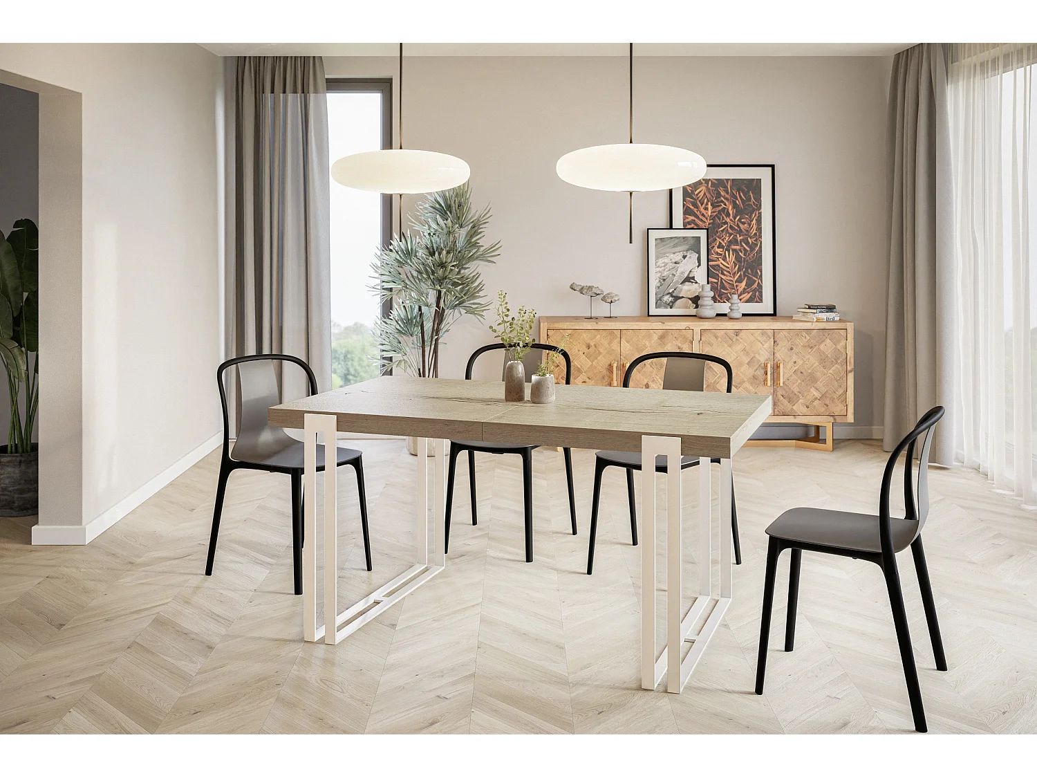 Table de salle à manger rectangulaire ROSA, table à rallonges, dimensions: 140-240X80X77 cm,couleur: HALIFAX, avec pieds métalliques de couleur blanche