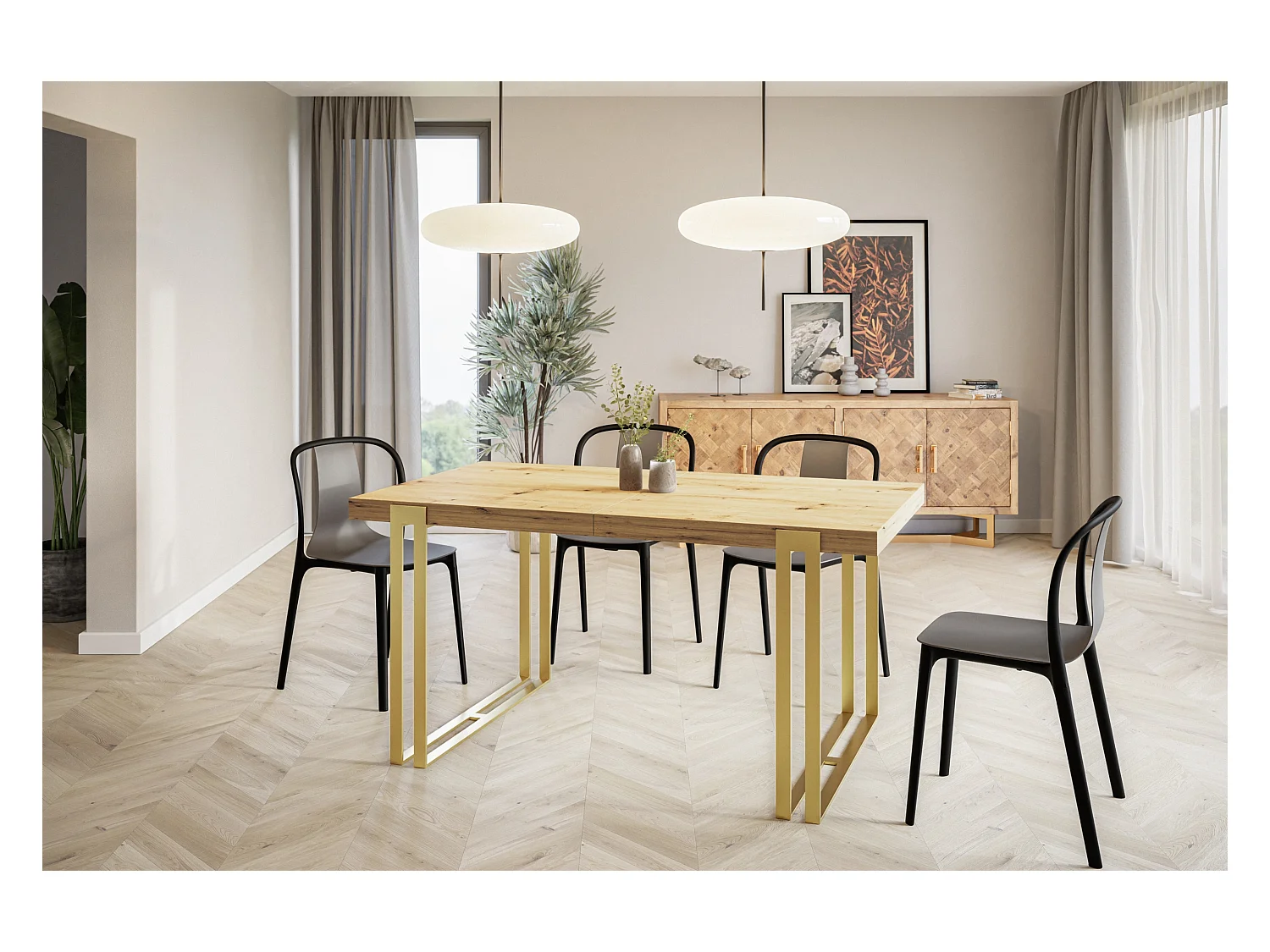 Table de salle à manger rectangulaire ROSA, table à rallonges, dimensions: 140-240X80X77 cm,couleur: ARTISAN, avec pieds métalliques couleur or