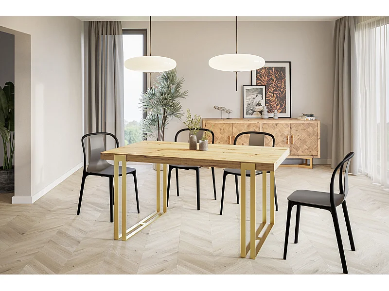 Table de salle à manger rectangulaire ROSA, table à rallonges, dimensions: 140-240X80X77 cm,couleur: ARTISAN, avec pieds métalliques couleur or