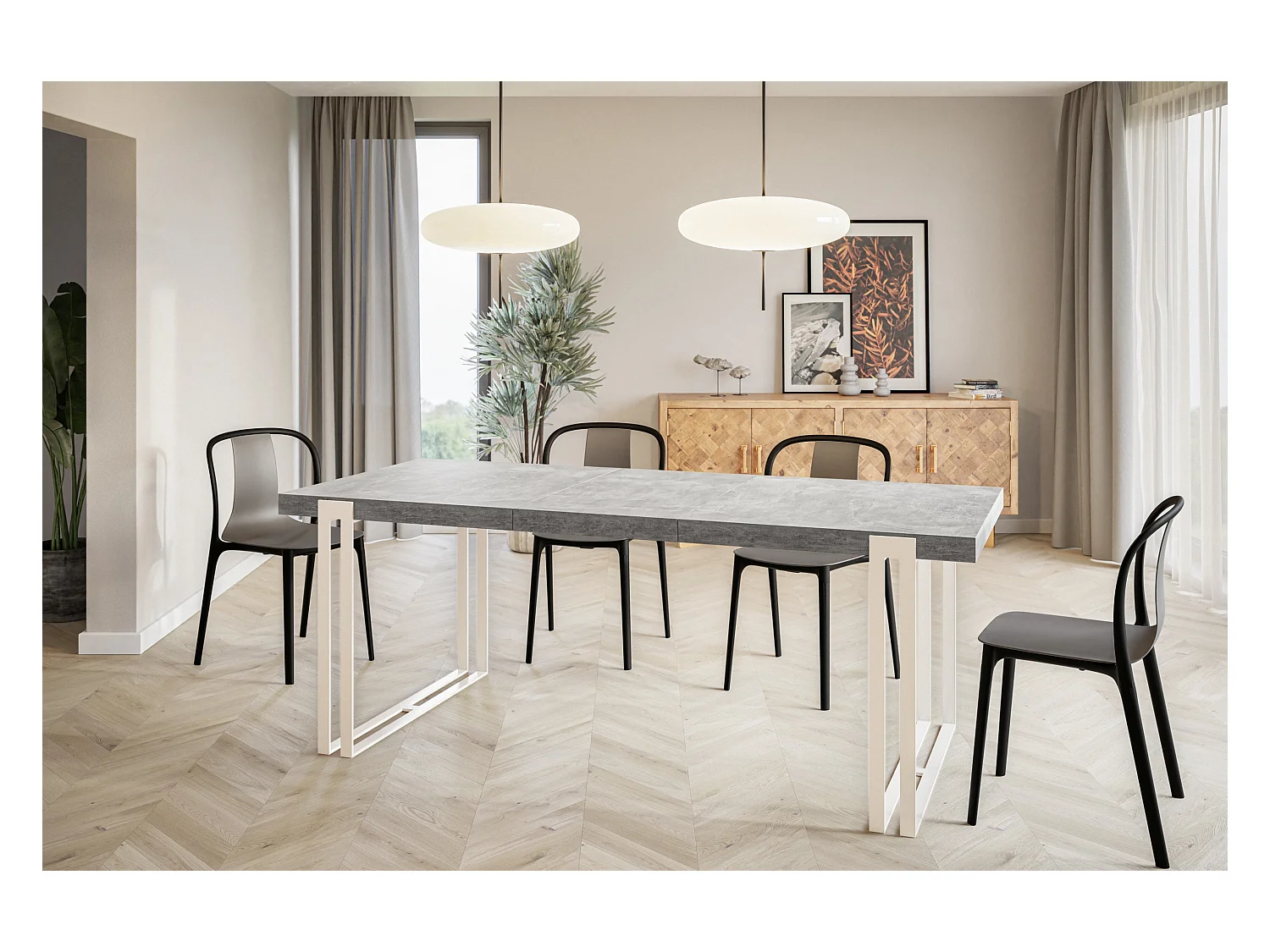 Table de salle à manger rectangulaire ROSA, table à rallonges, dimensions: 120-220X80X77 cm,couleur: gris clair, avec pieds métalliques de couleur blanche