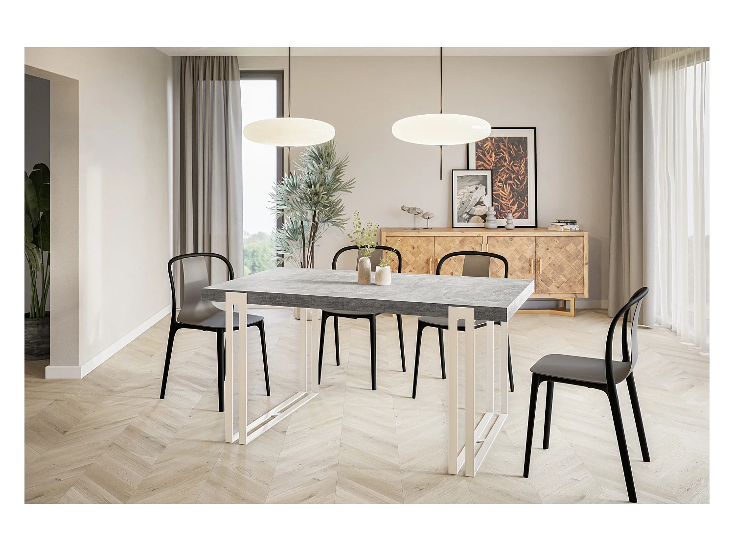 Table de salle à manger rectangulaire ROSA, table à rallonges, dimensions: 120-220X80X77 cm,couleur: gris clair, avec pieds métalliques de couleur blanche
