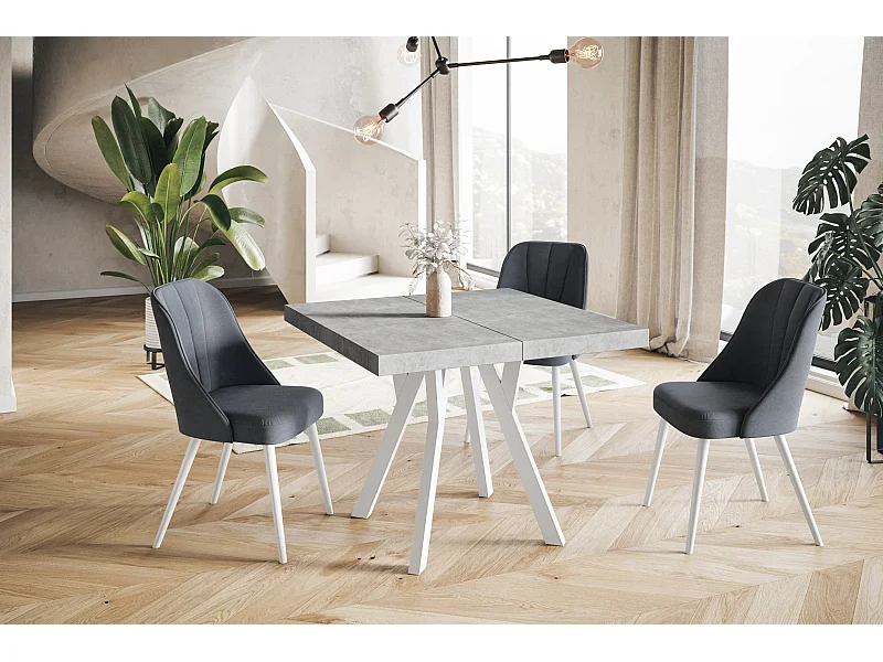 Table de salle à manger carrée RICO, table à rallonges, dimensions: 110-210X110X77 cm, couleur: graphite, avec pieds en bois blanc