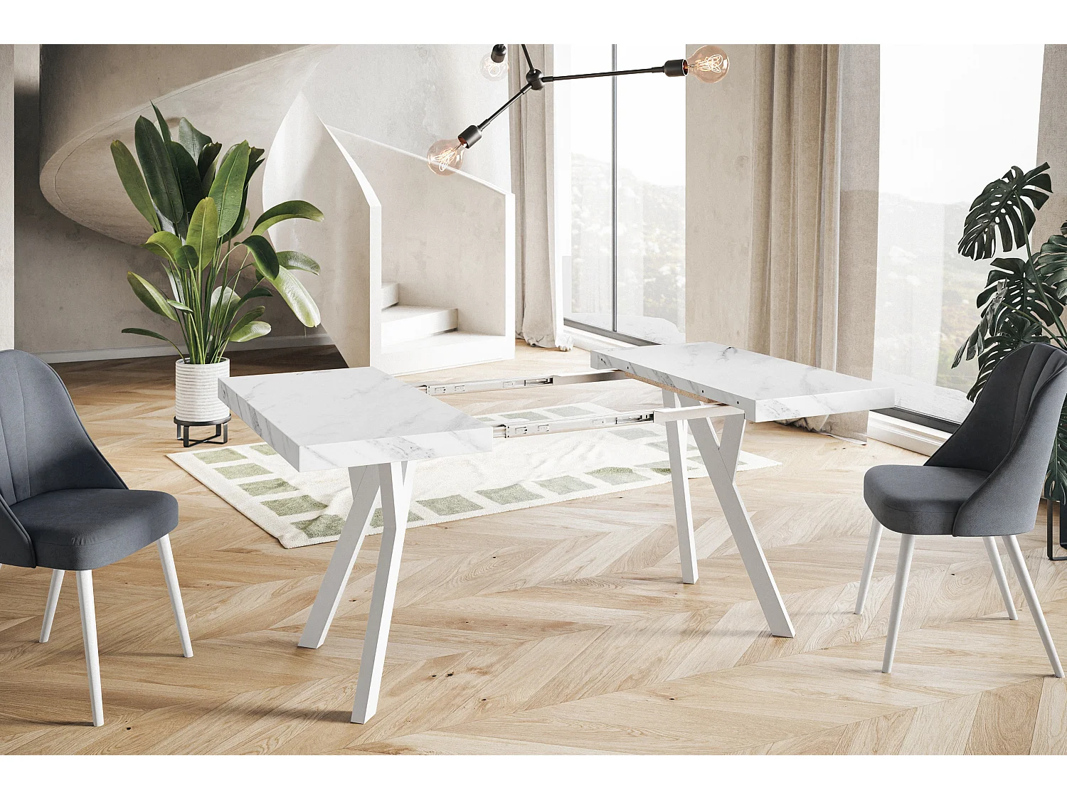 Table de salle à manger carrée RICO, table à rallonges, dimensions: 90-190X90X77 cm, couleur: MARMUR, avec pieds en bois blanc