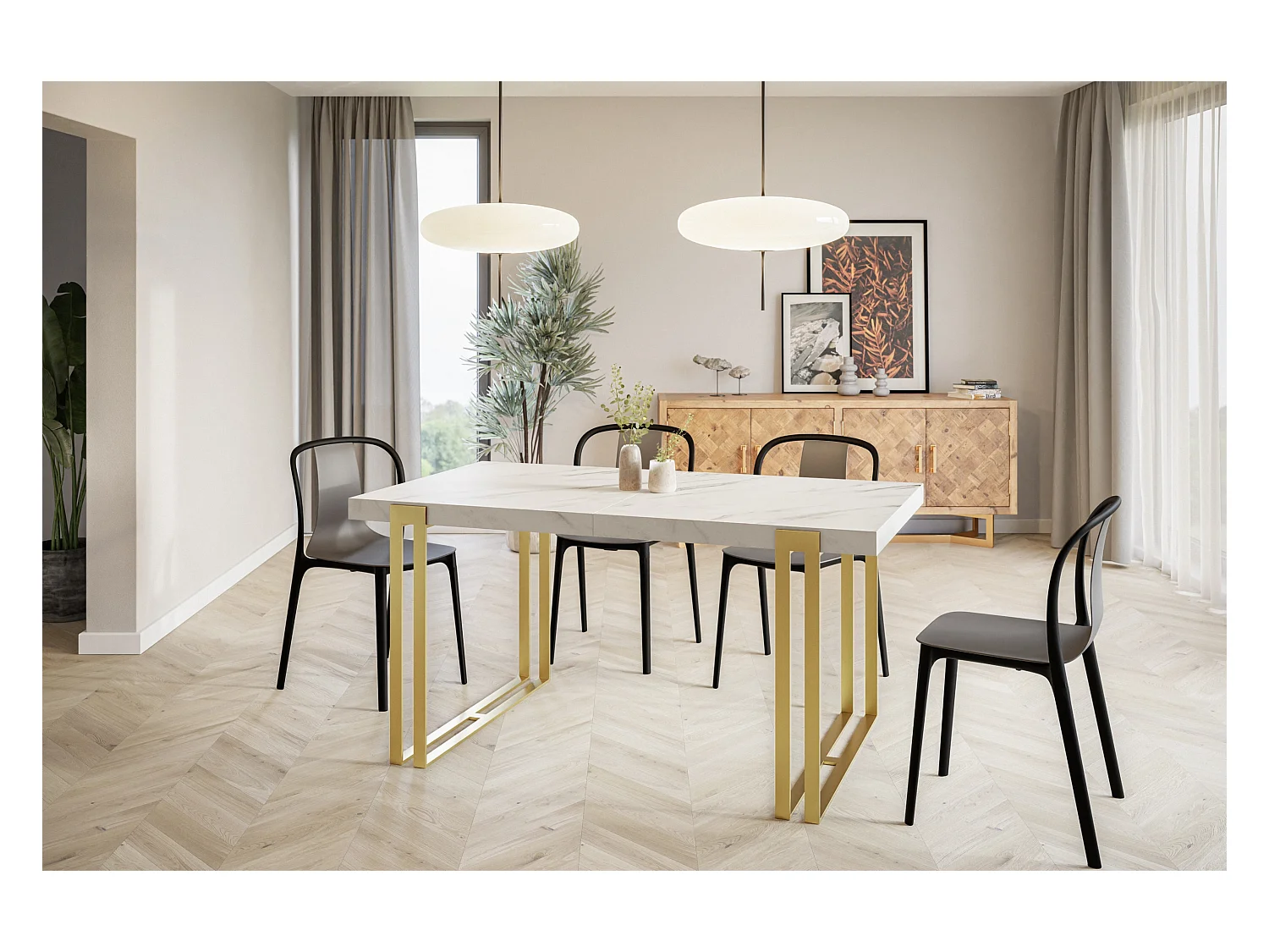 Table de salle à manger rectangulaire ROSA, table à rallonges, dimensions: 140-240X80X77 cm,couleur: MARMUR, avec pieds métalliques couleur or