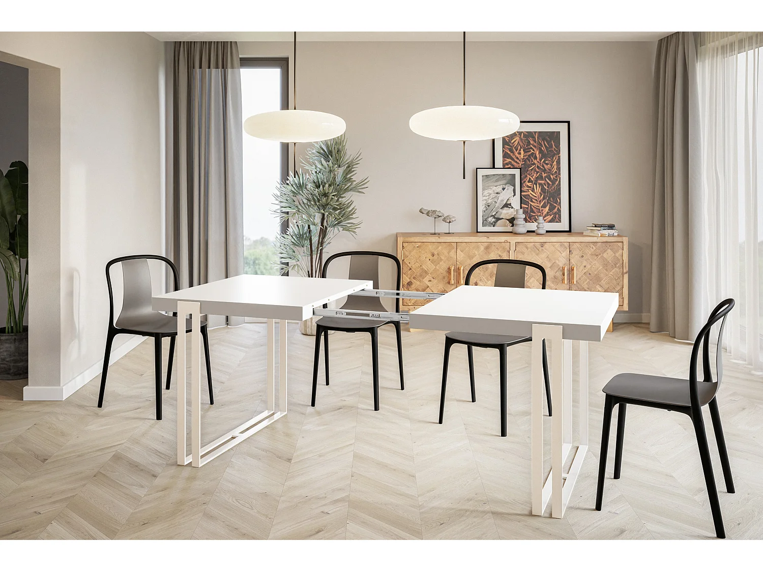 Table de salle à manger rectangulaire ROSA, table à rallonges, dimensions: 180-280X90X77 cm, couleur: blanc, avec pieds métalliques de couleur blanche