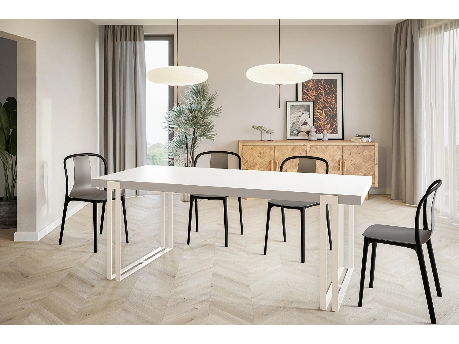 Table de salle à manger rectangulaire ROSA, table à rallonges, dimensions: 180-280X90X77 cm, couleur: blanc, avec pieds métalliques de couleur blanche