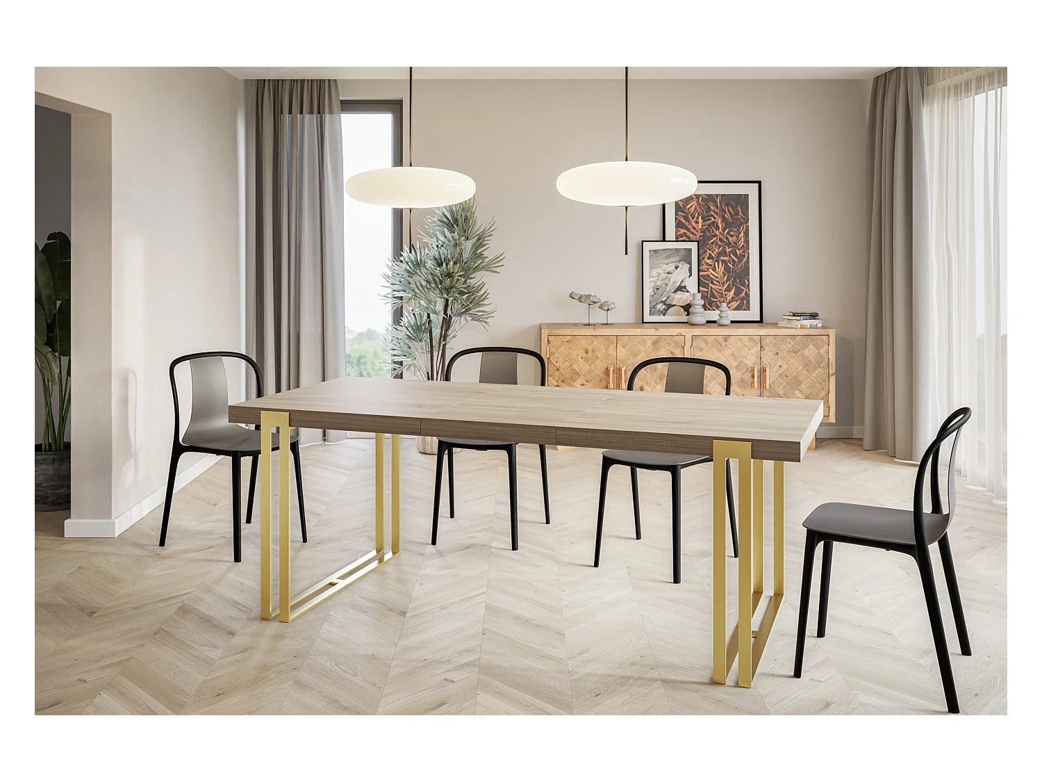 Table de salle à manger rectangulaire ROSA, table à rallonges, dimensions: 140-240X80X77 cm,couleur: SONOMA, avec pieds métalliques couleur or