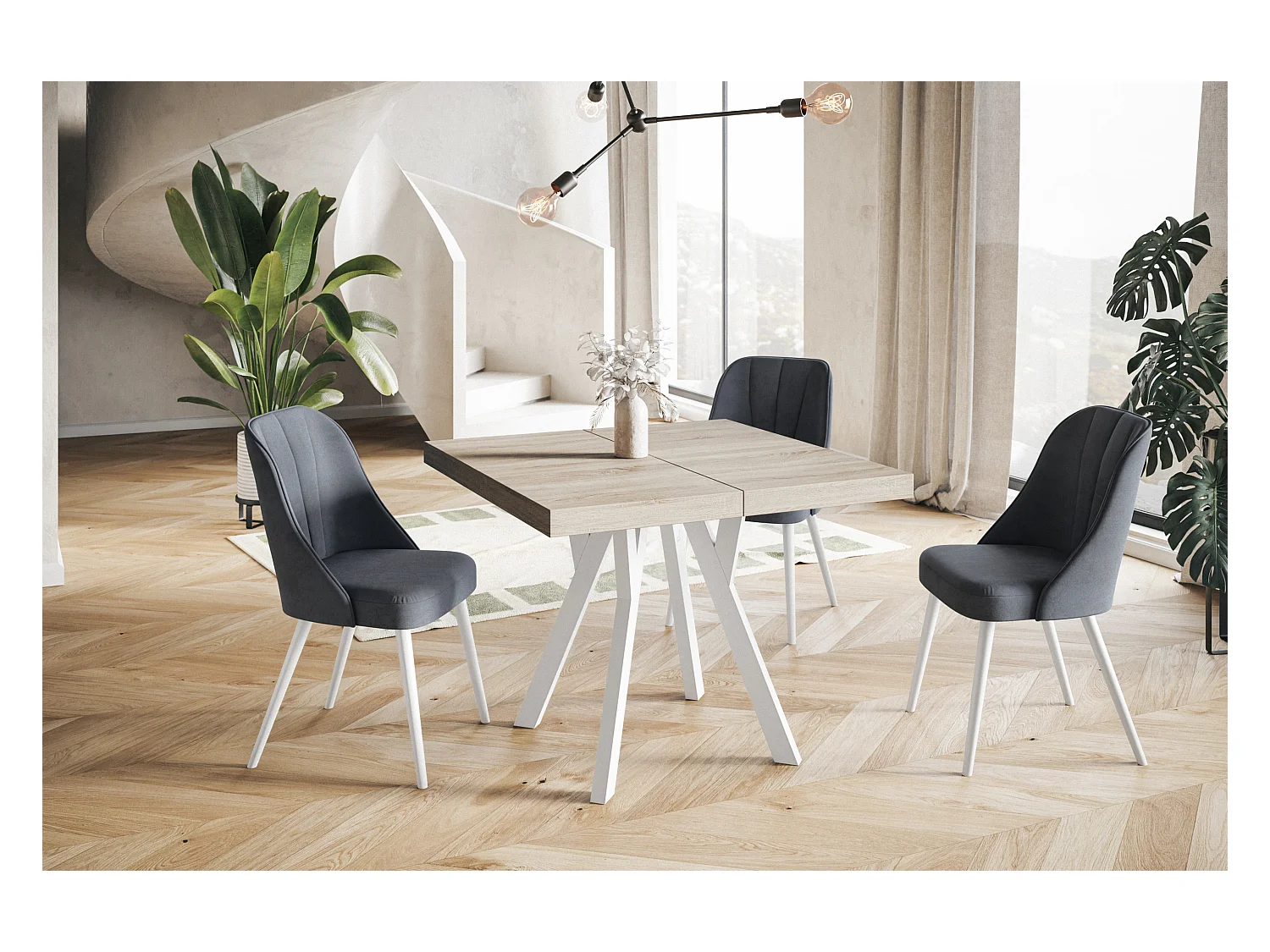 Table de salle à manger carrée RICO, table à rallonges, dimensions: 90-190X90X77 cm, couleur: SONOMA, avec pieds en bois blanc