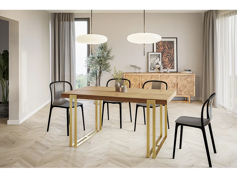 Table de salle à manger rectangulaire ROSA, table à rallonges, dimensions: 180-280X90X77 cm,couleur: CRAFT, avec pieds métalliques couleur or