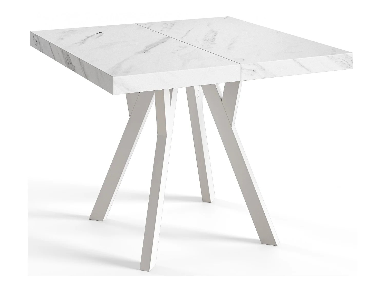 Table de salle à manger carrée RICO, table à rallonges, dimensions: 110-210X110X77 cm, couleur: MARMUR, avec pieds en bois de couleur blanche