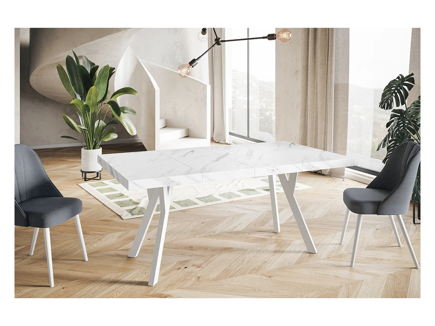 Table de salle à manger carrée RICO, table à rallonges, dimensions: 110-210X110X77 cm, couleur: MARMUR, avec pieds en bois de couleur blanche