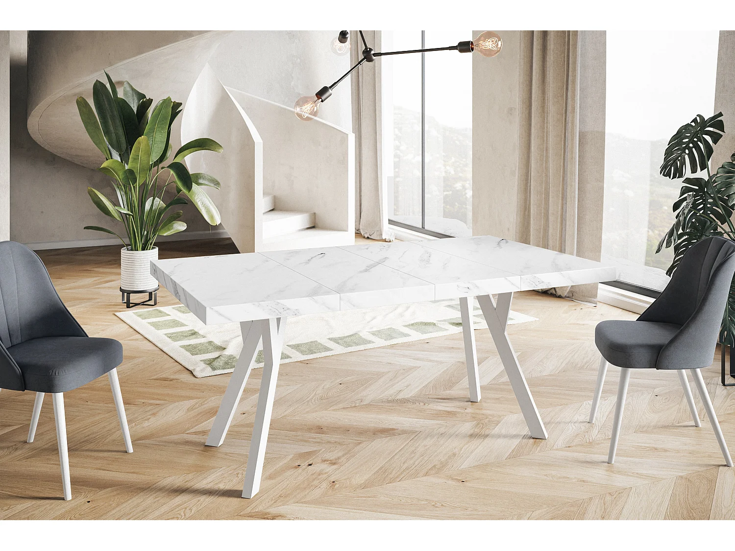 Table de salle à manger carrée RICO, table à rallonges, dimensions: 110-210X110X77 cm, couleur: MARMUR, avec pieds en bois de couleur blanche