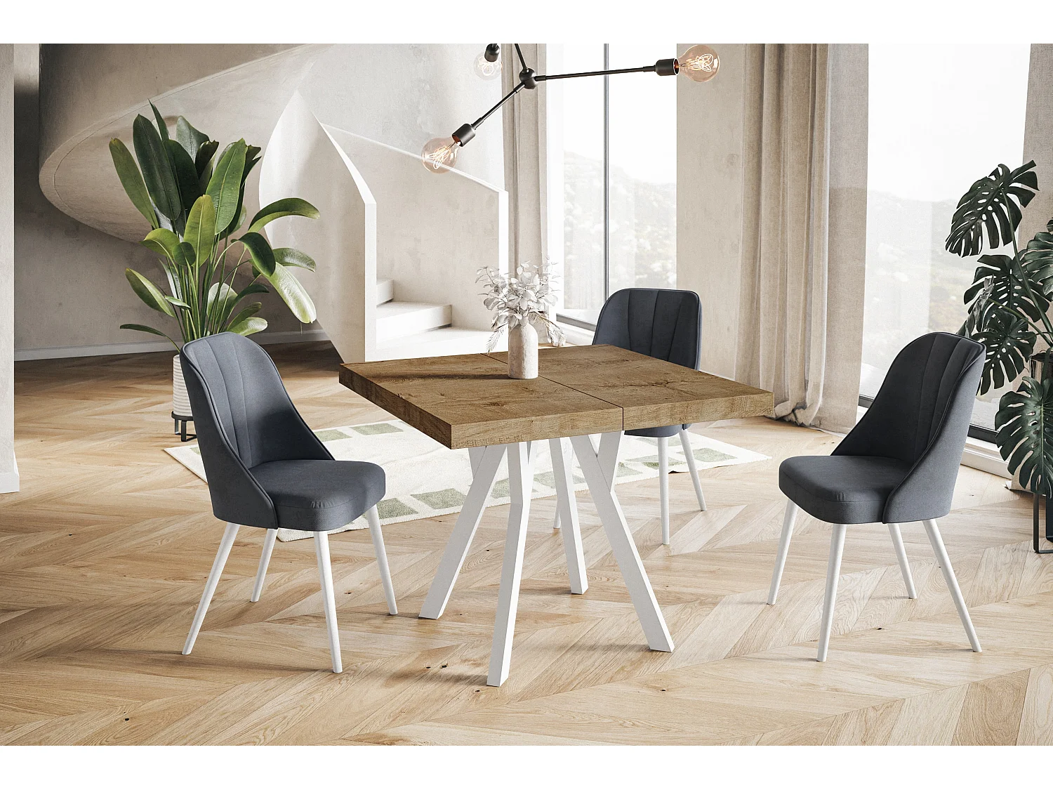 Table de salle à manger carrée RICO, table à rallonges, dimensions: 100-200X100X77 cm, couleur: LEFAKS, avec pieds en bois blanc