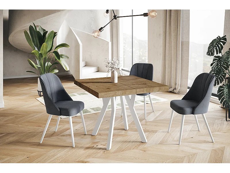 Table de salle à manger carrée RICO, table à rallonges, dimensions: 100-200X100X77 cm, couleur: LEFAKS, avec pieds en bois blanc