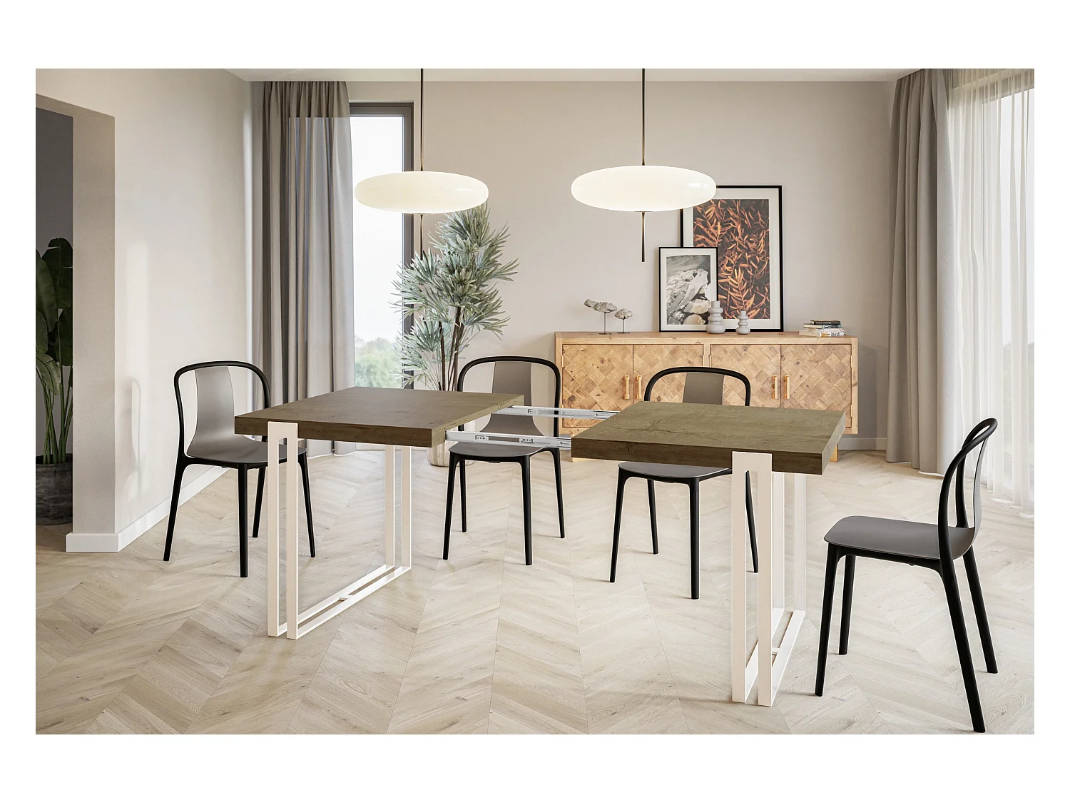 Table de salle à manger rectangulaire ROSA, table à rallonges, dimensions: 120-220X80X77 cm,couleur: LEFKAS, avec pieds métalliques de couleur blanche