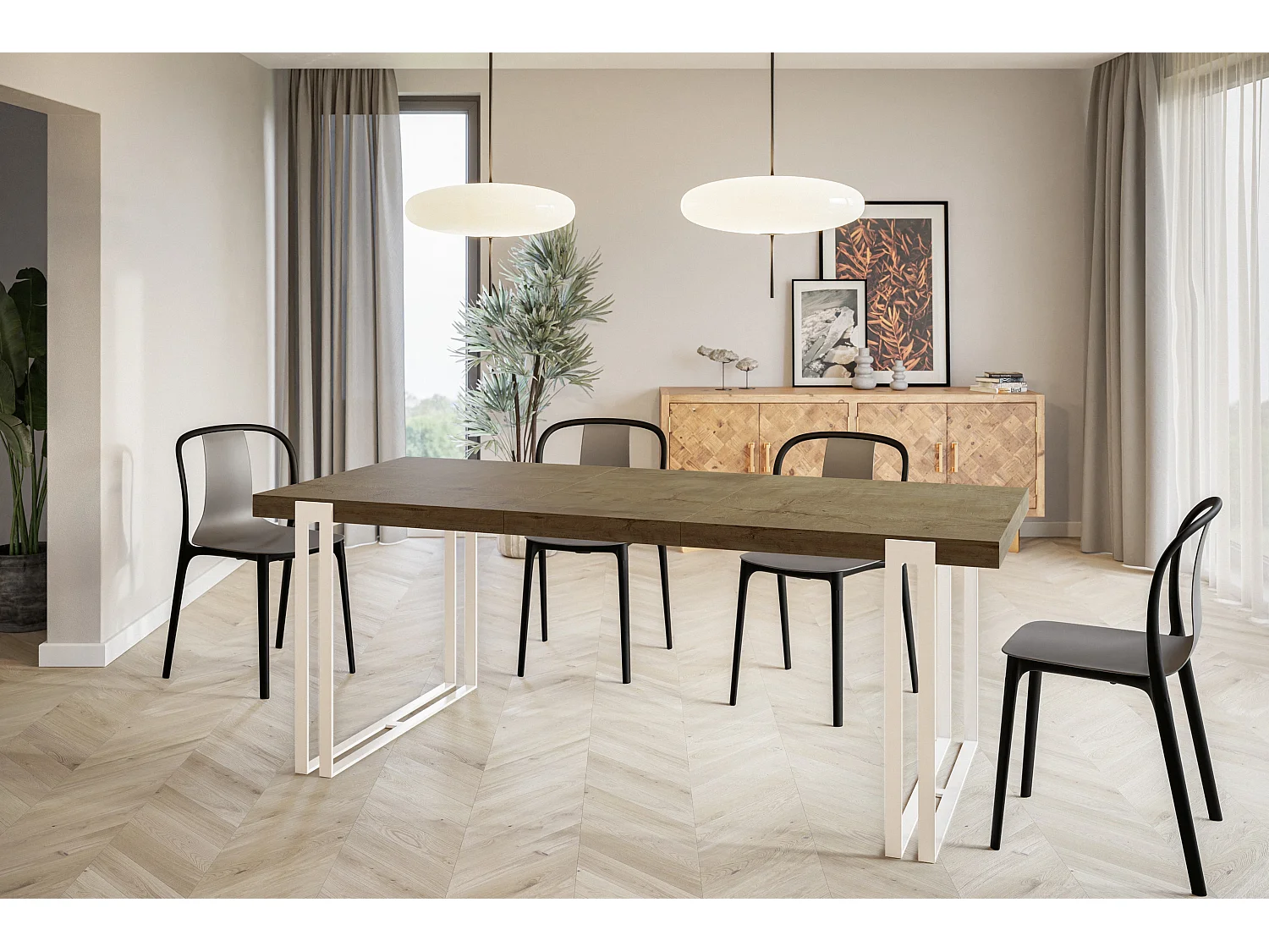 Table de salle à manger rectangulaire ROSA, table à rallonges, dimensions: 120-220X80X77 cm,couleur: LEFKAS, avec pieds métalliques de couleur blanche