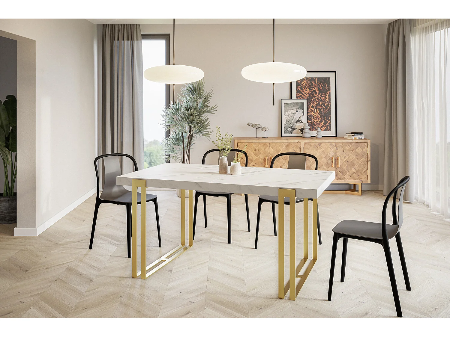 Table de salle à manger rectangulaire ROSA, table à rallonges, dimensions: 160-260X90X77 cm,couleur: MARBRE, avec pieds métalliques couleur or