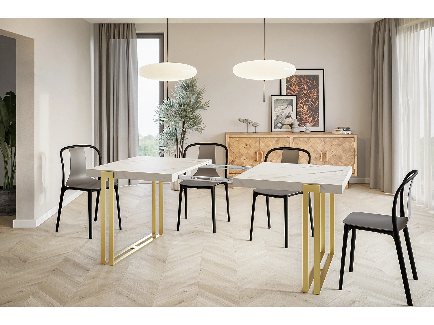 Table de salle à manger rectangulaire ROSA, table à rallonges, dimensions: 160-260X90X77 cm,couleur: MARBRE, avec pieds métalliques couleur or