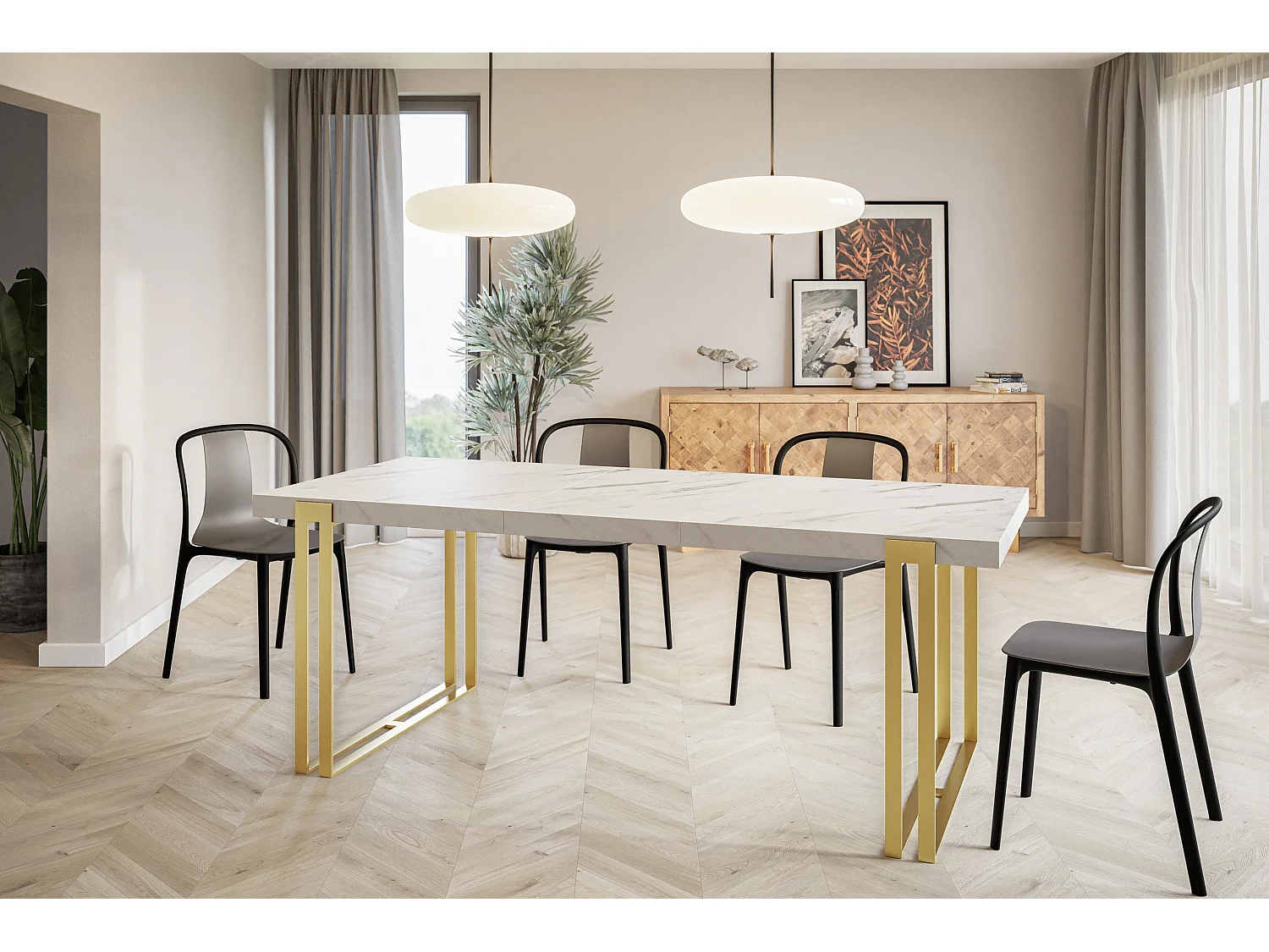 Table de salle à manger rectangulaire ROSA, table à rallonges, dimensions: 160-260X90X77 cm,couleur: MARBRE, avec pieds métalliques couleur or