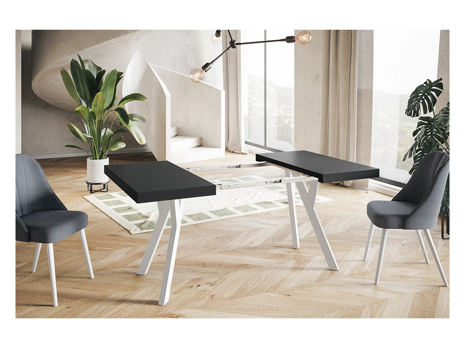 Table de salle à manger carrée RICO, table à rallonges, dimensions: 110-210X110X77 cm, couleur: noir, avec pieds en bois de couleur blanche