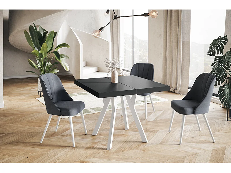 Table de salle à manger carrée RICO, table à rallonges, dimensions: 110-210X110X77 cm, couleur: noir, avec pieds en bois de couleur blanche