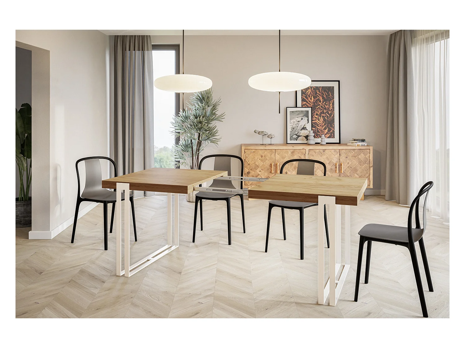 Table de salle à manger rectangulaire ROSA, table à rallonges, dimensions: 120-220X80X77 cm, couleur: CRAFT, avec pieds métalliques de couleur blanche