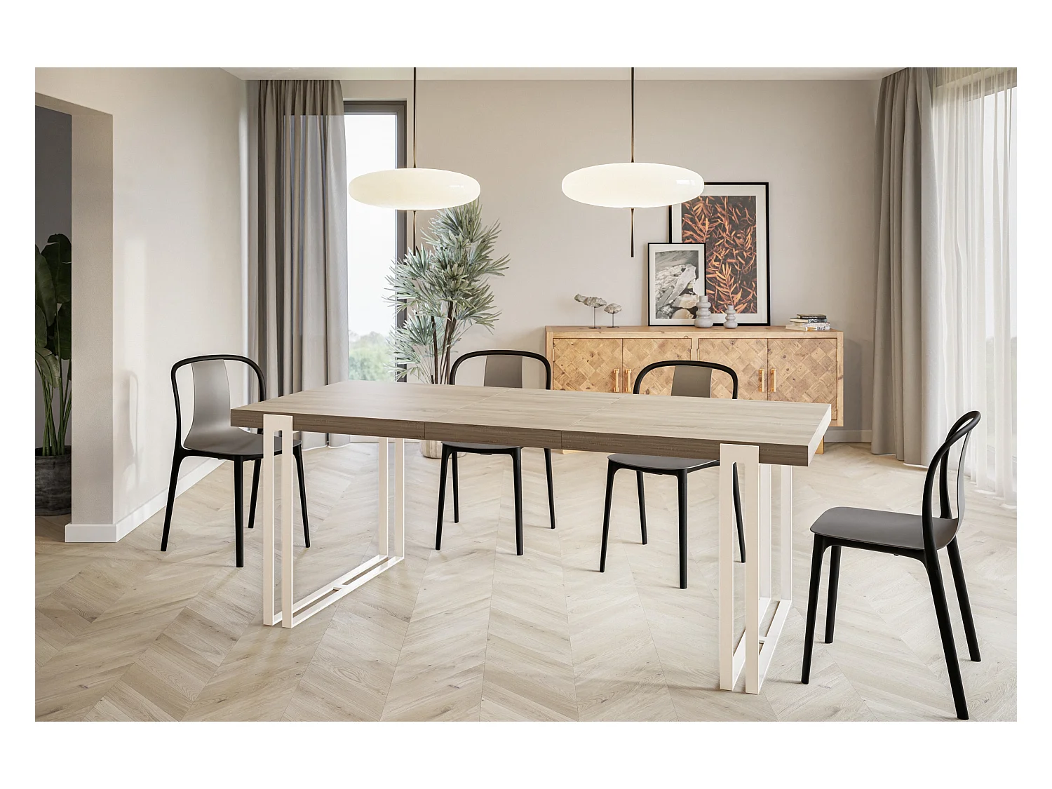 Table de salle à manger rectangulaire ROSA, table à rallonges, dimensions: 120-220X80X77 cm,couleur: SONOMA, avec pieds métalliques de couleur blanche