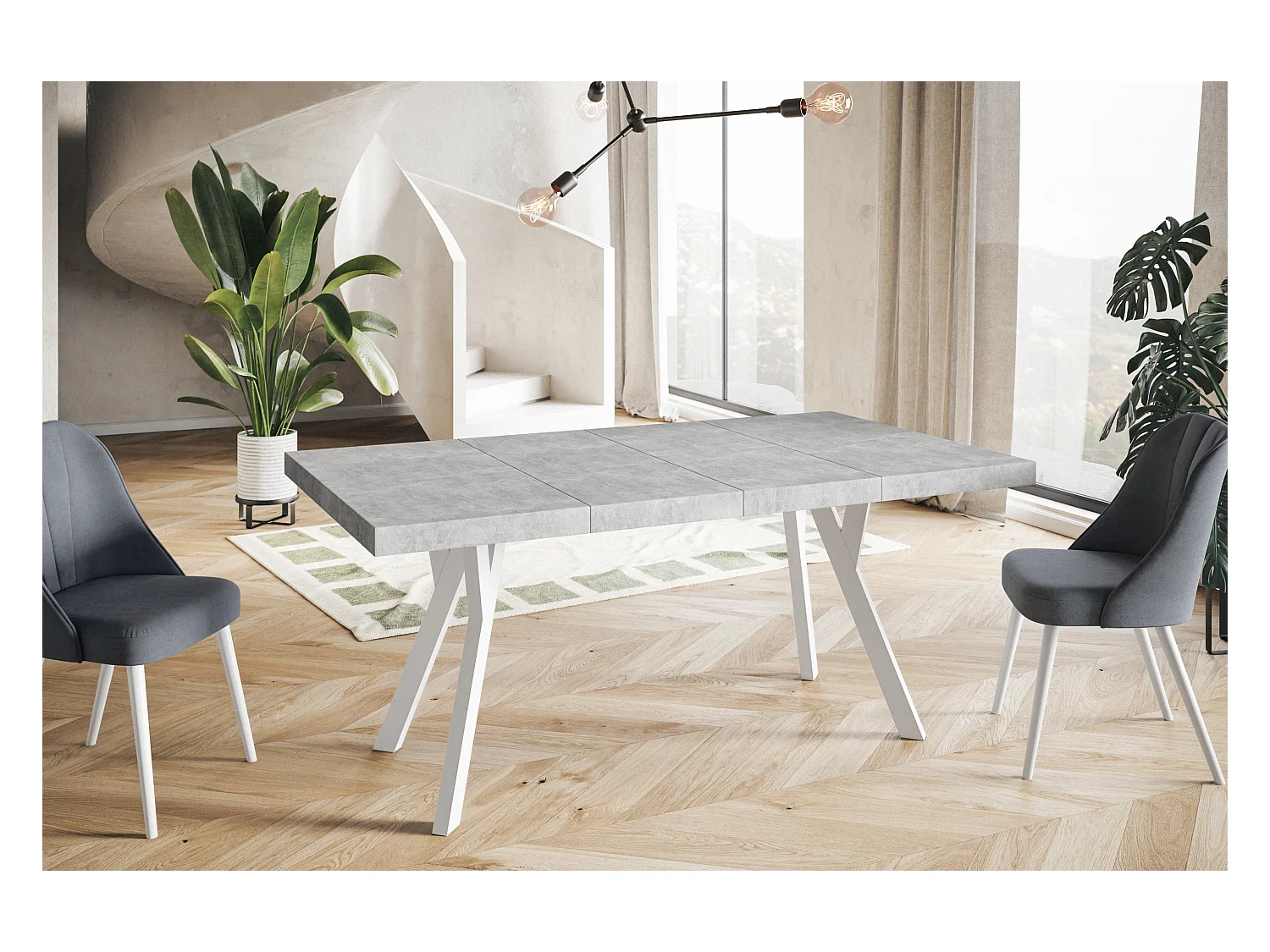 Table de salle à manger carrée RICO, table à rallonges, dimensions: 100-200X100X77 cm, couleur: graphite, avec pieds en bois de couleur blanche