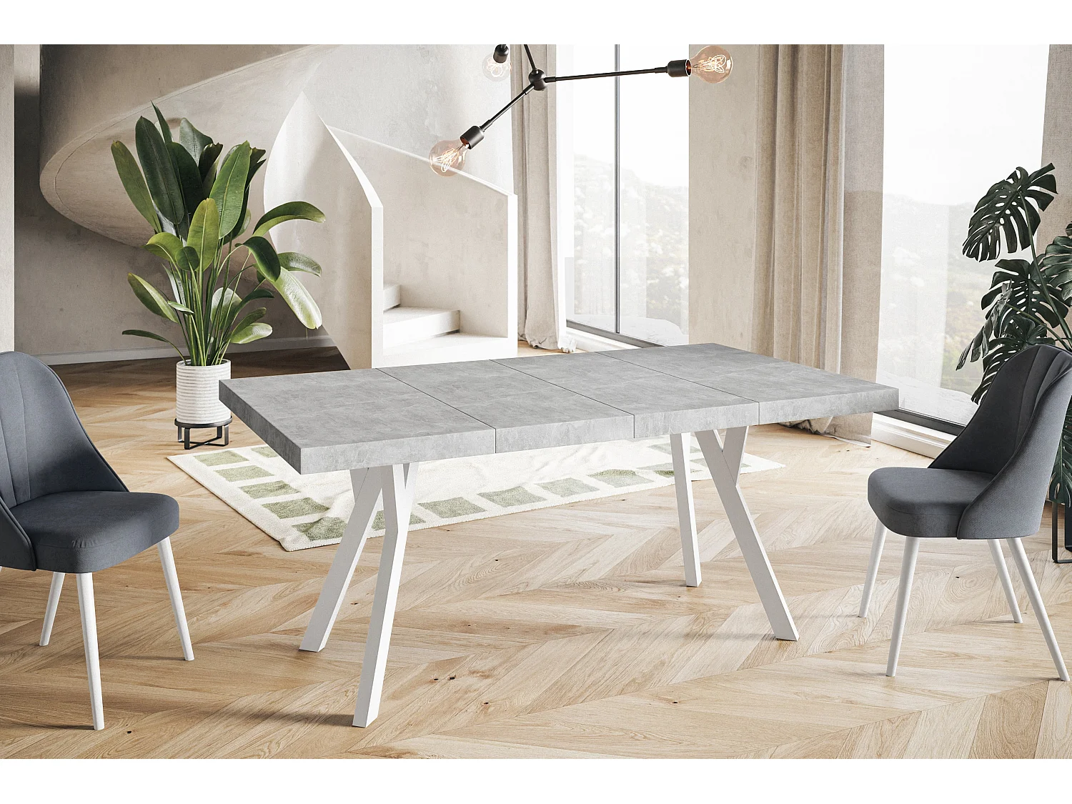 Table de salle à manger carrée RICO, table à rallonges, dimensions: 100-200X100X77 cm, couleur: graphite, avec pieds en bois de couleur blanche