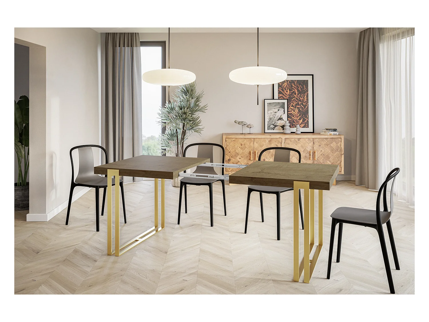 Table de salle à manger rectangulaire ROSA, table à rallonges, dimensions: 120-220X80X77 cm,couleur: LEFKAS, avec pieds métalliques couleur or