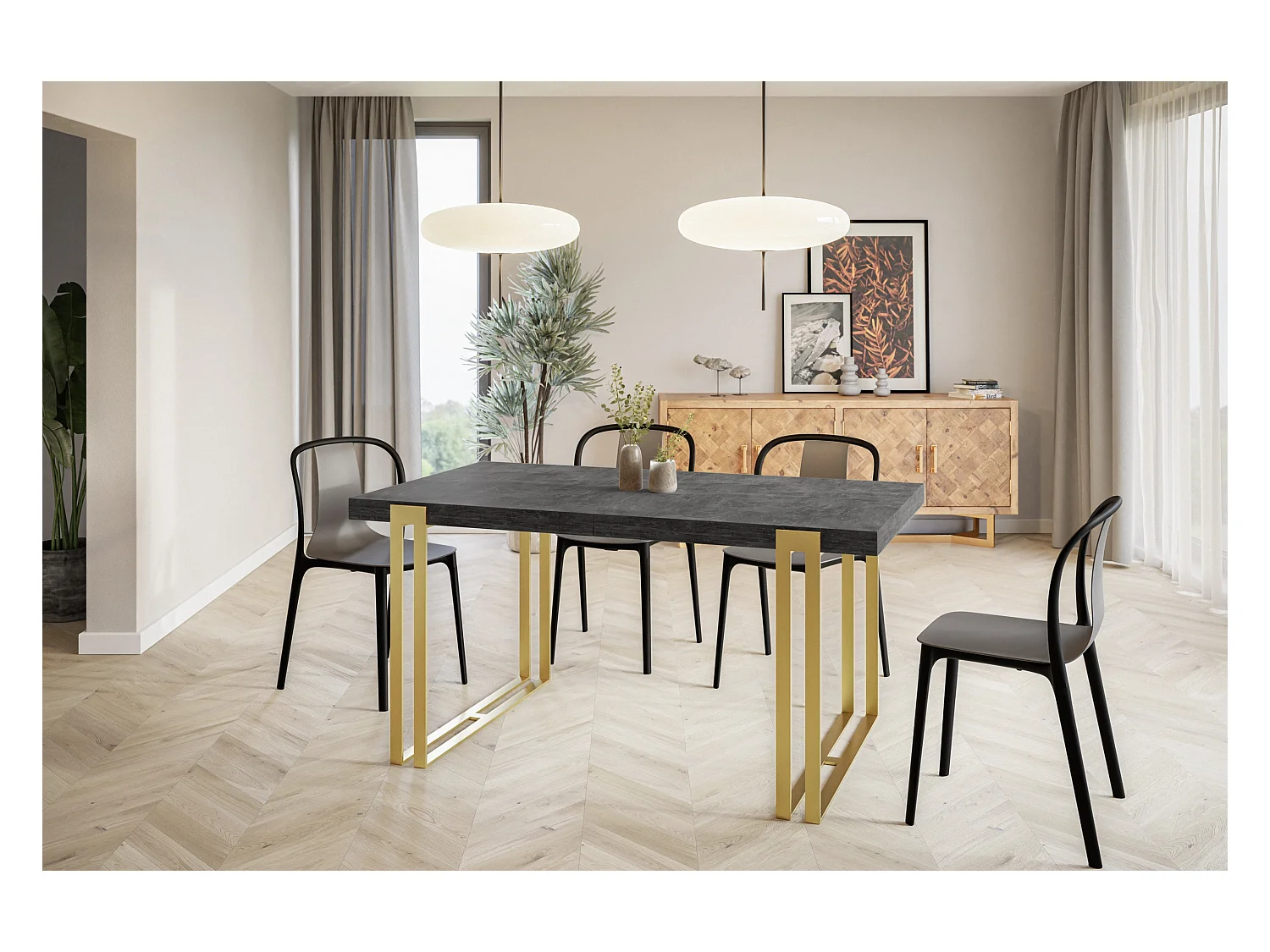 Table de salle à manger rectangulaire ROSA, table à rallonges, dimensions: 140-240X80X77 cm,couleur: gris foncé, avec pieds métalliques couleur or